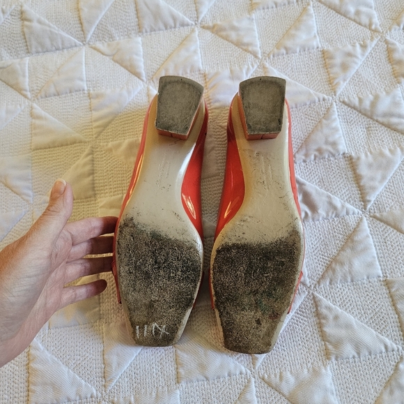 Salvatore Ferragamo Orange Patent Leather Block Heels, Size 6.5 - Picture 11 of 12